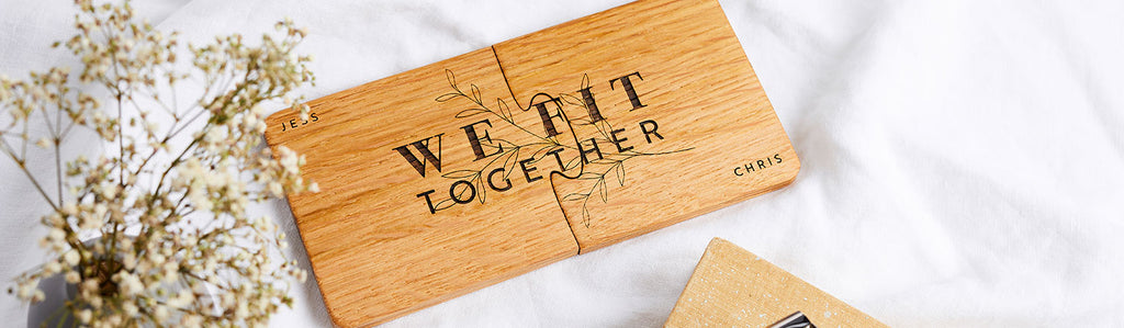 Wooden coaster set engraved 'We Fit Together'
