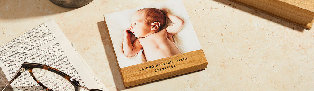 Wooden coaster printed with baby photo and engraved message