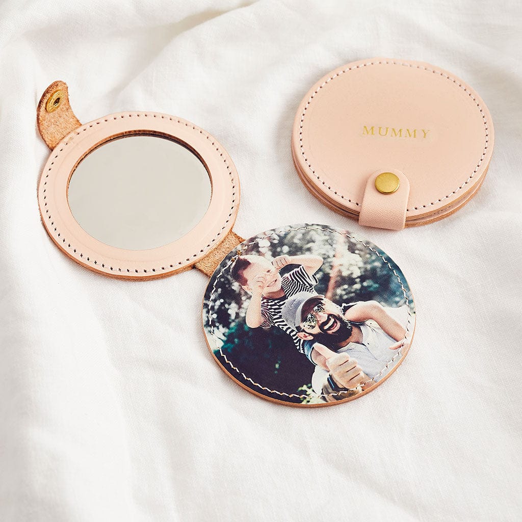 Compact mirror in a pink leather case, personalised with the name 'Mummy' and a photo of a father and son inside