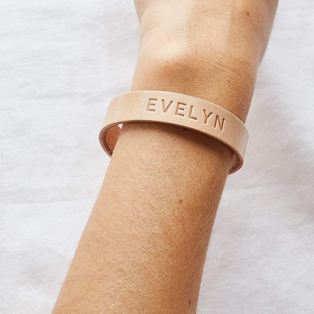 Leather wristband personalised with 'Evelyn'