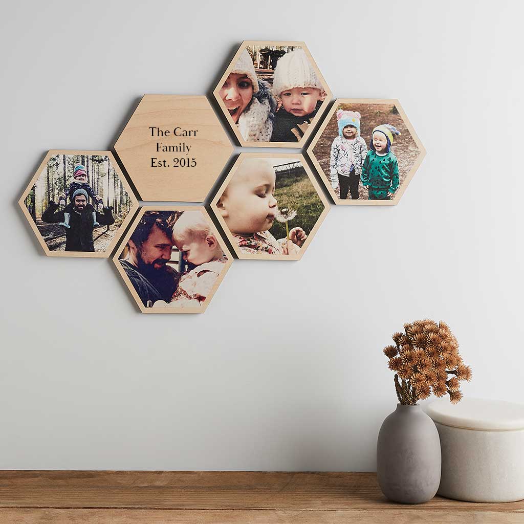 Family photos printed onto wooden wall tiles