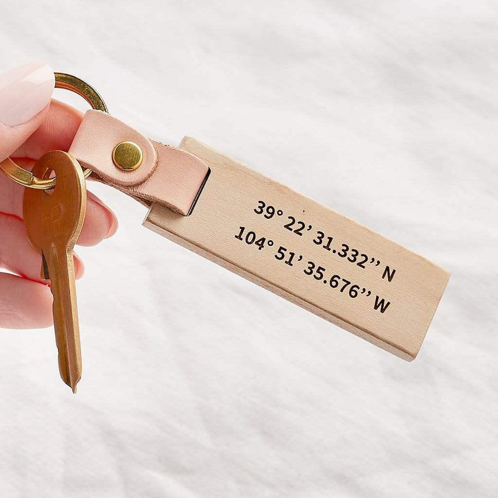 Wooden keyring engraved with a set of coordinates