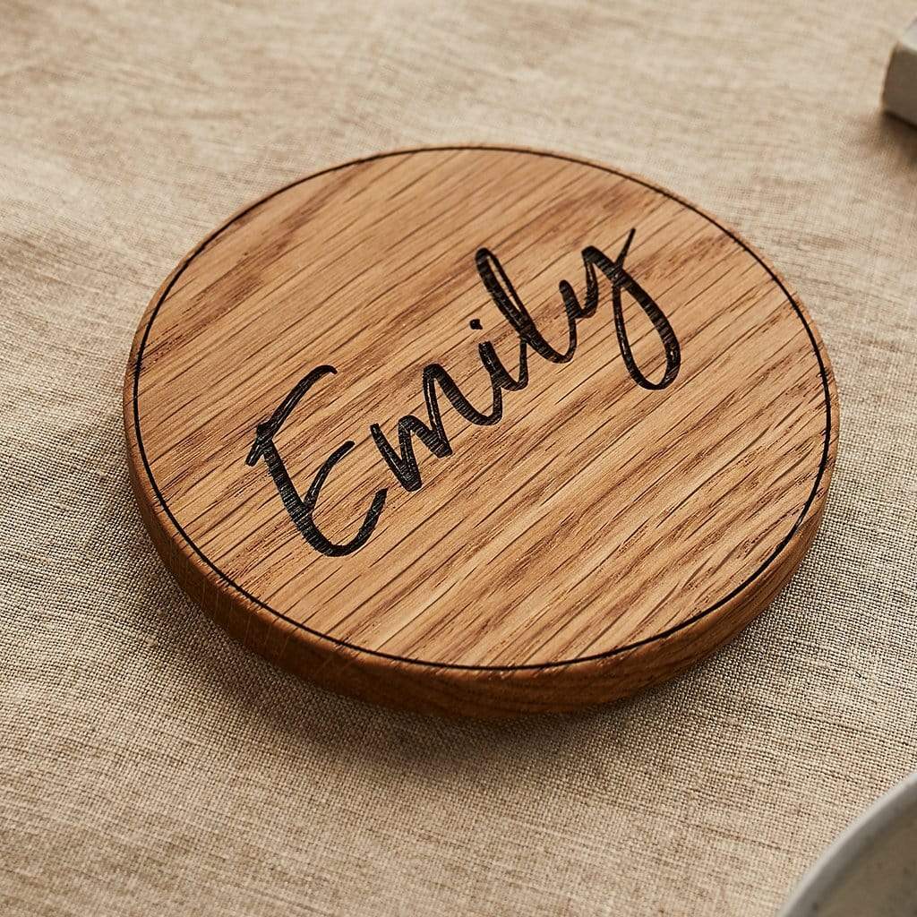 Wooden coaster engraved 'Emily'