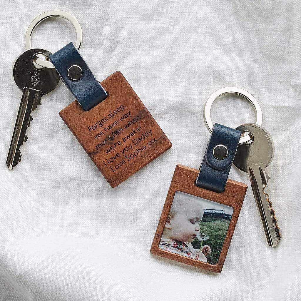 Personalised Wooden Photo Keyring With Leather Strap Create Gift Love