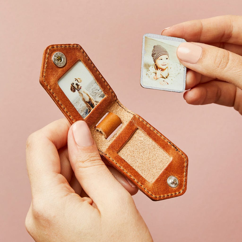 Luxury Leather Photo Keyring with Steel Inserts Create Gift Love