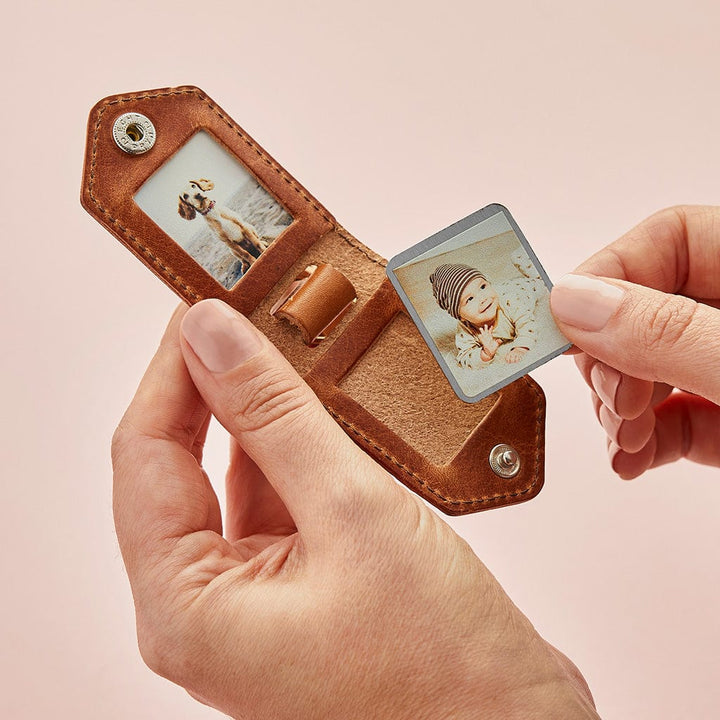 Brown leather keyring with photo plates