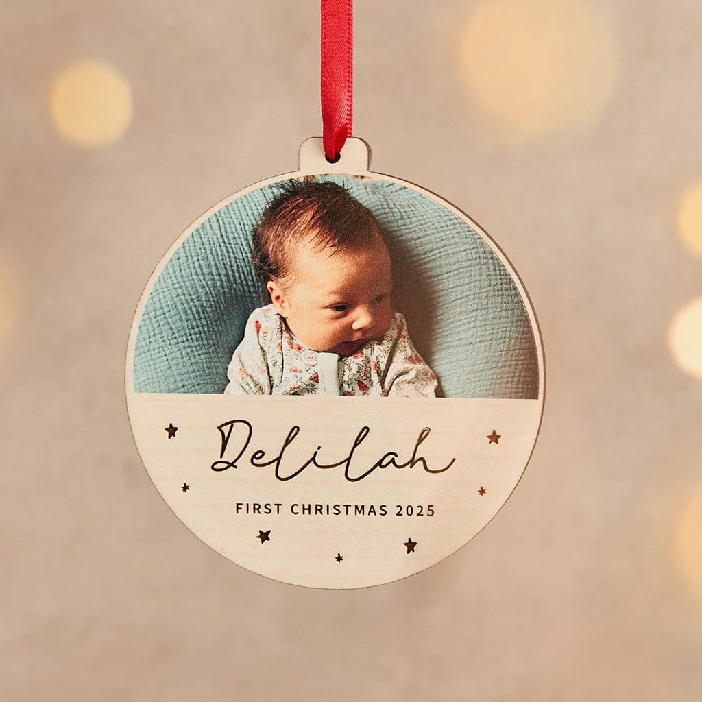 Personalised First Christmas Wooden Photo Bauble CGL
