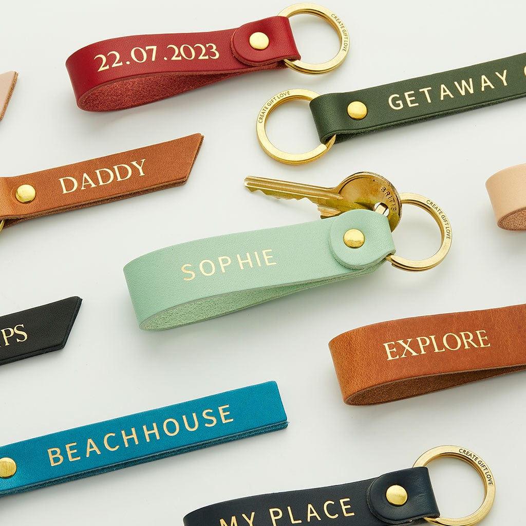 Personalised Leather Gold Foiled Keyring Create Gift Love