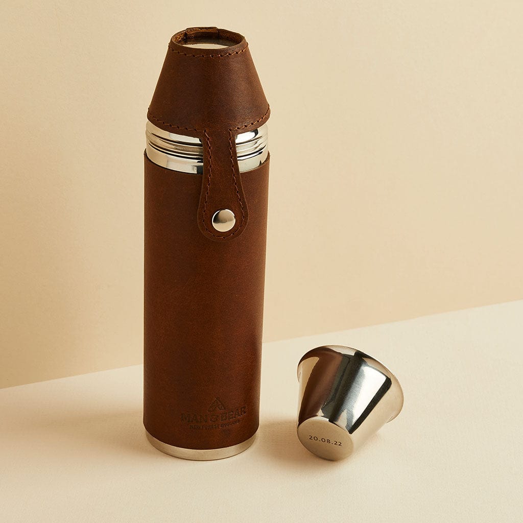 Personalised Luxury Leather Hunter Flask Man & Bear