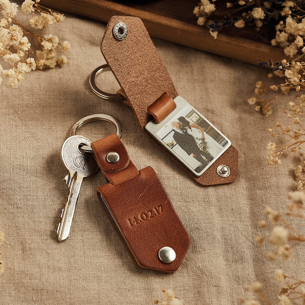 Personalised Metal Photo Keyring With Leather Case Create Gift Love