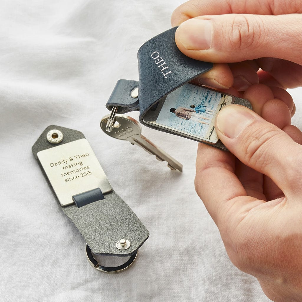 Personalised Metal Photo Keyring With Navy Blue Leather Case Create Gift Love