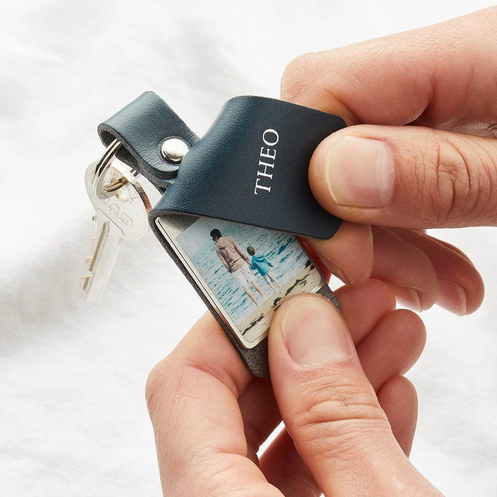 Personalised Metal Photo Keyring With Navy Blue Leather Case Create Gift Love