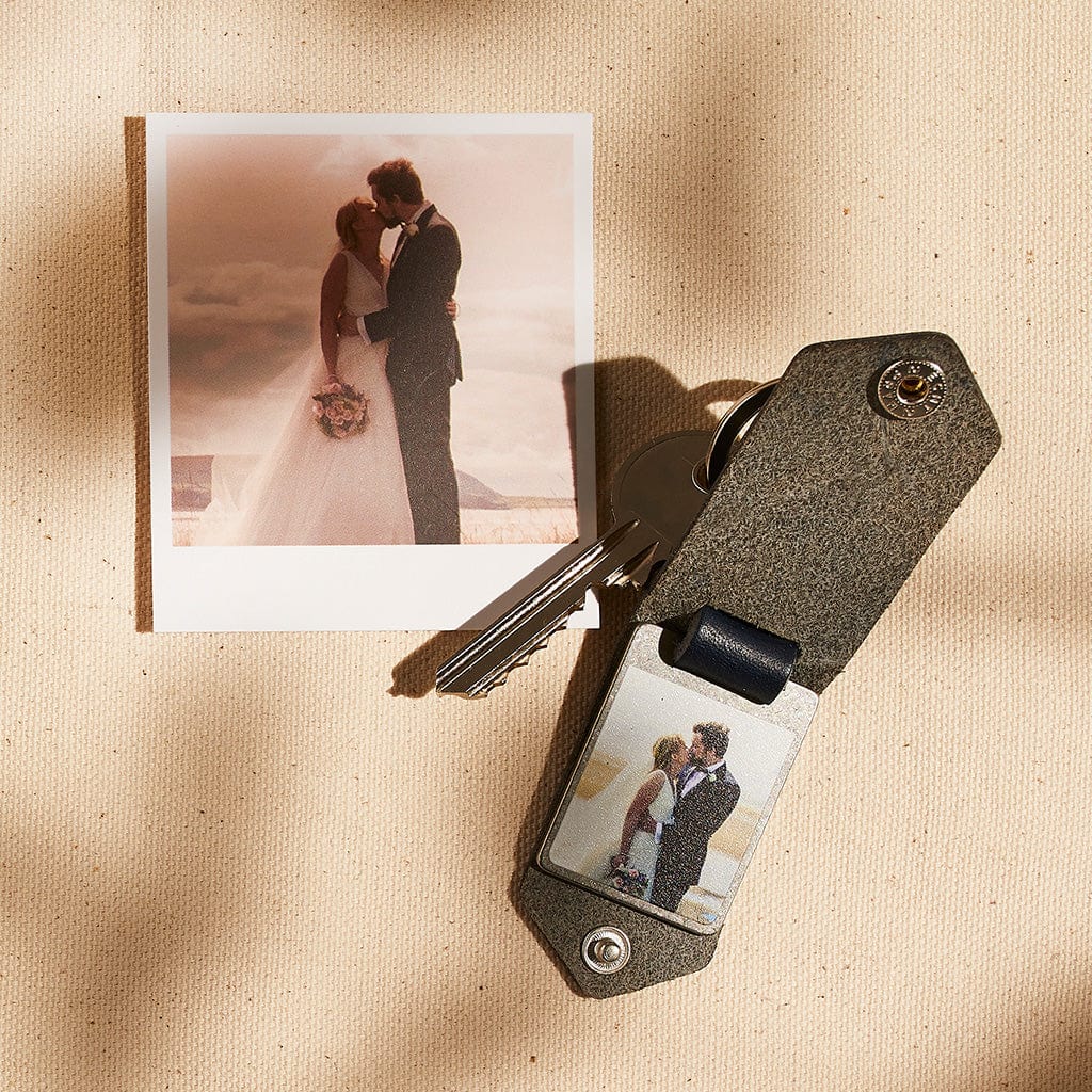 Personalised Metal Photo Keyring With Navy Blue Leather Case Create Gift Love