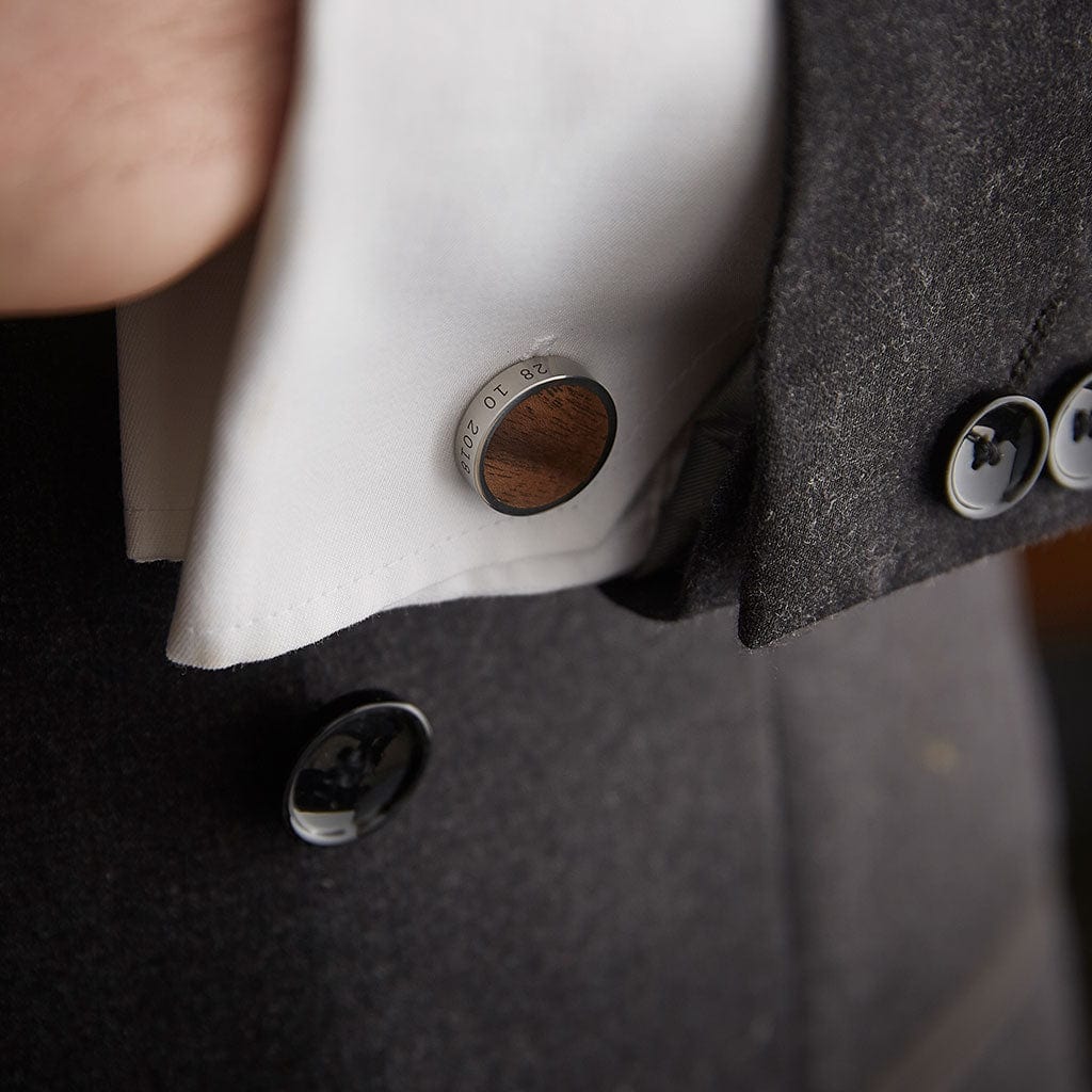 Personalised Steel and Walnut Cufflinks Man Gun Bear