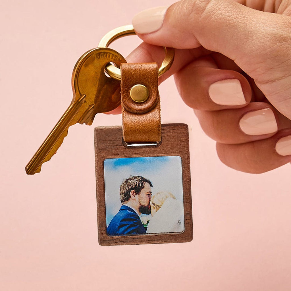 Personalised Wooden Photo Keyring With Leather Strap CGL