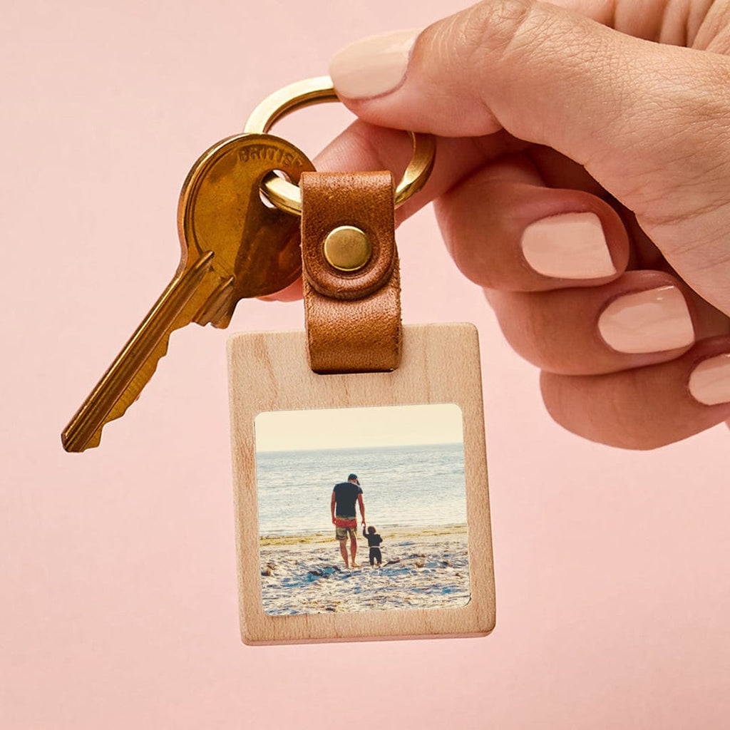 Personalised Wooden Photo Keyring With Leather Strap CGL
