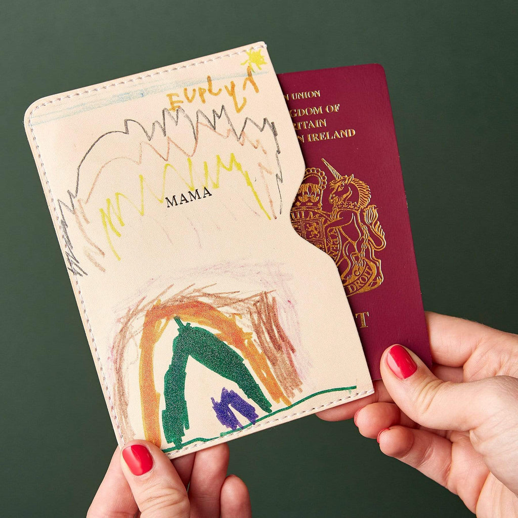 Leather passport holder printed with child's drawings
