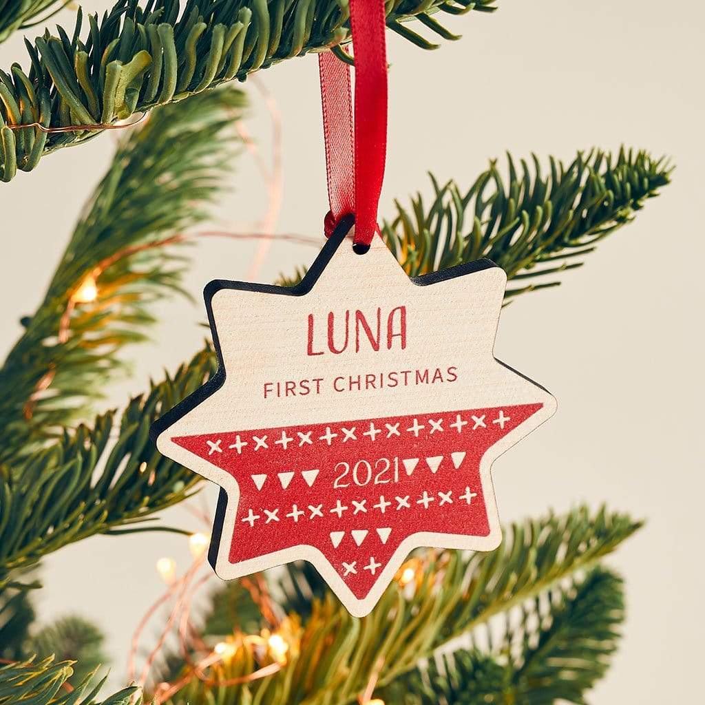 Personalised First Christmas Scandi Maple Wood Bauble Create Gift Love