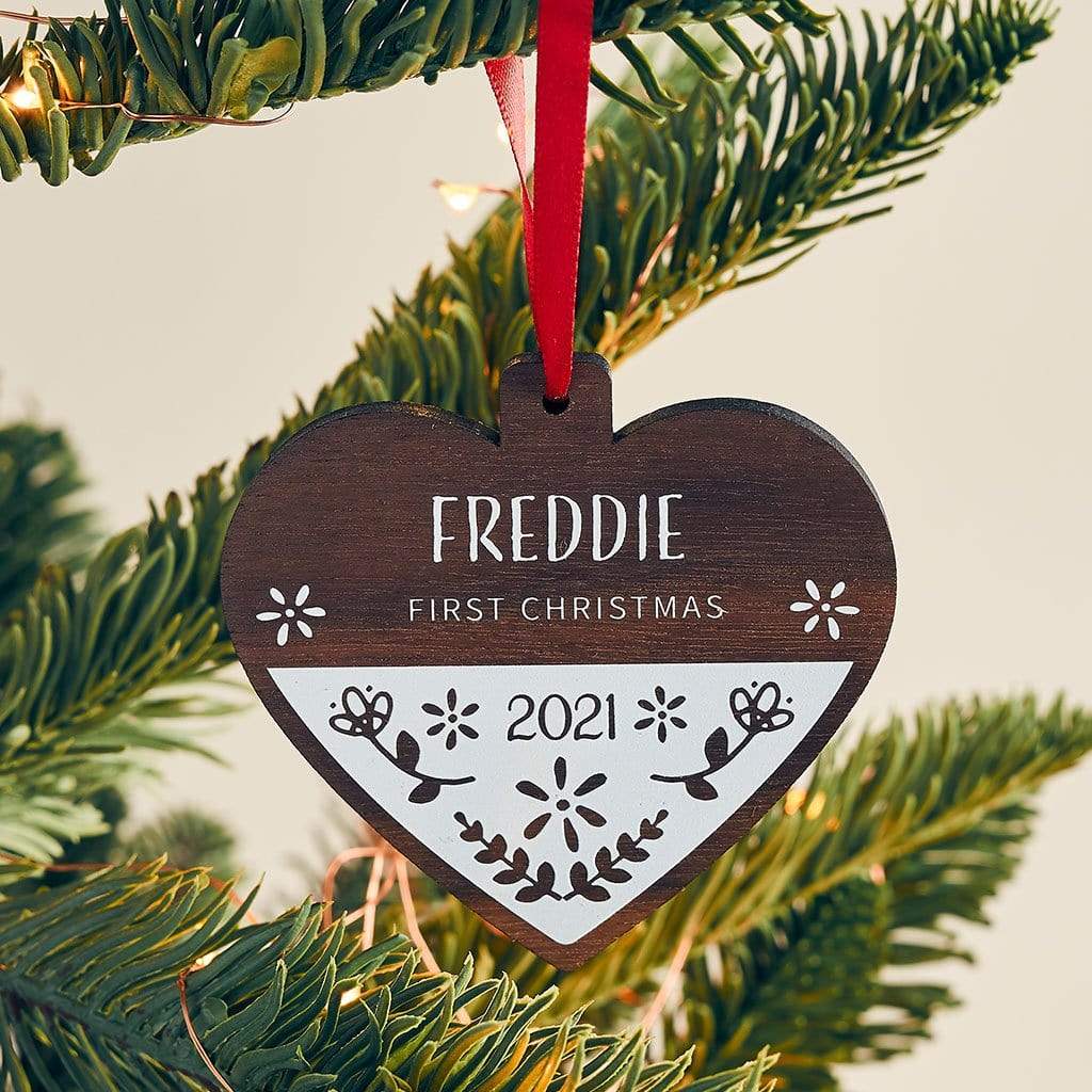 Personalised First Christmas Scandi Walnut Wood Bauble Create Gift Love