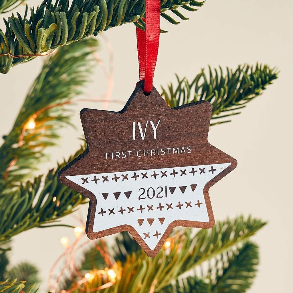 Personalised First Christmas Scandi Walnut Wood Bauble Create Gift Love