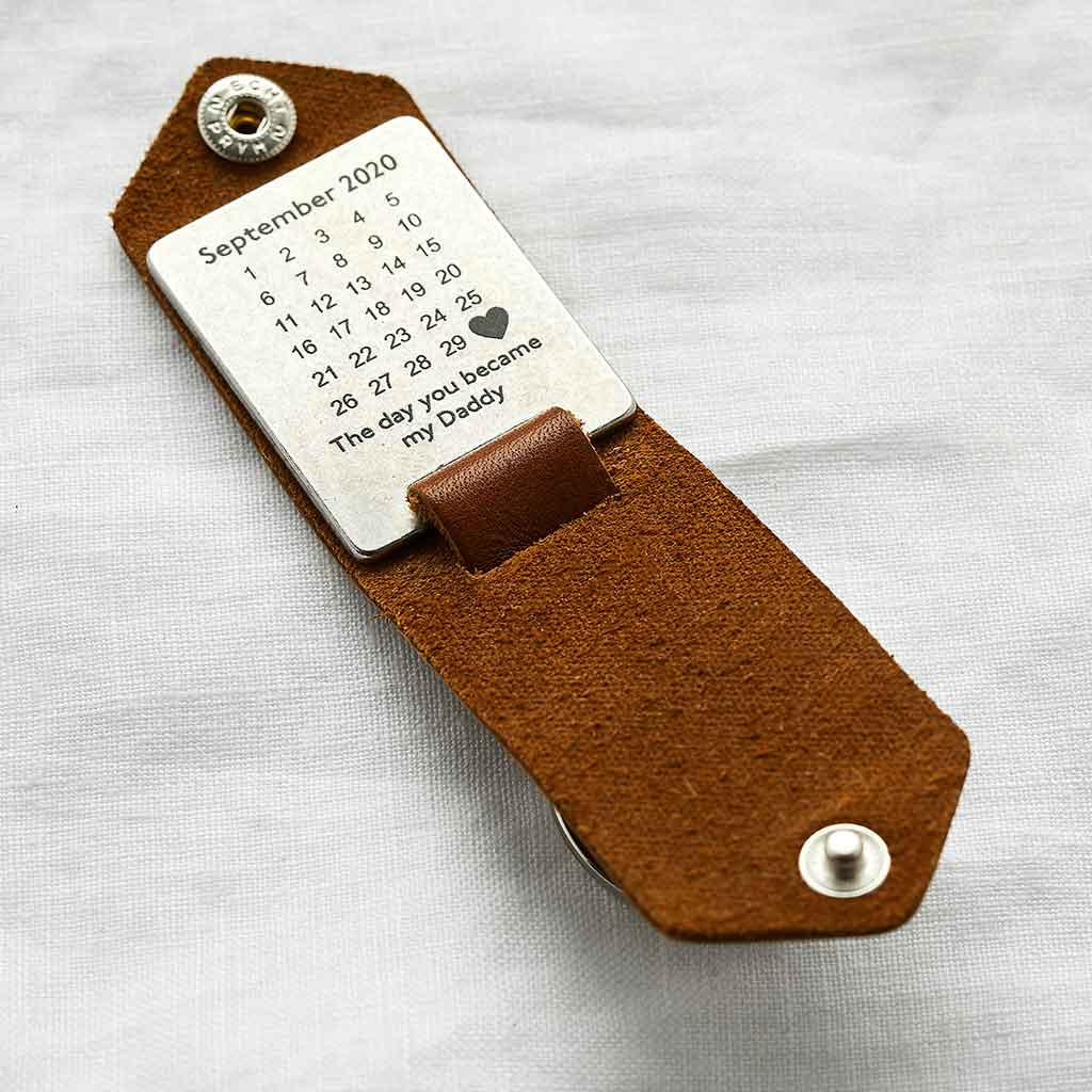 Leather keyring with engraved calendar design engraved inside