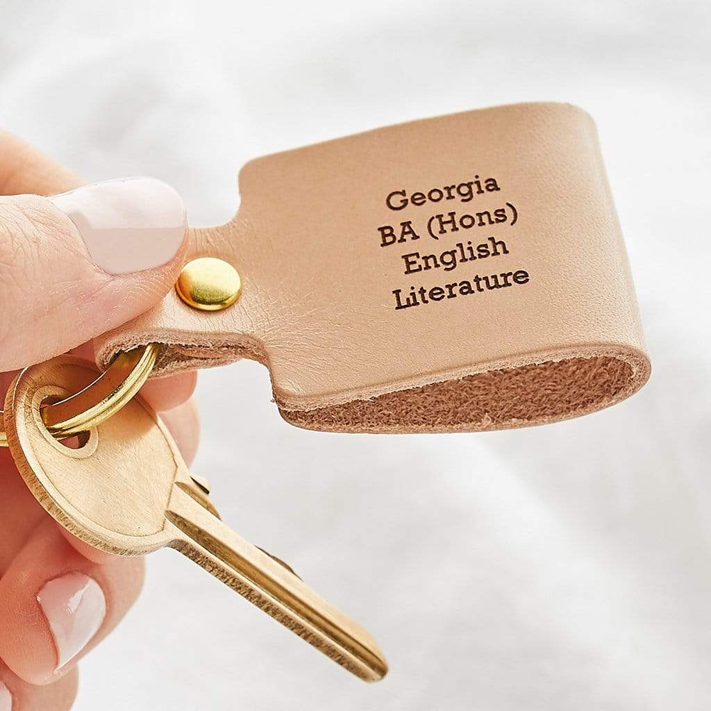 Leather keyring engraved 'Georgia: BA (Hons) English Literature'