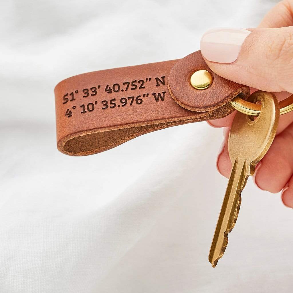 Leather keyring engraved with coordinates