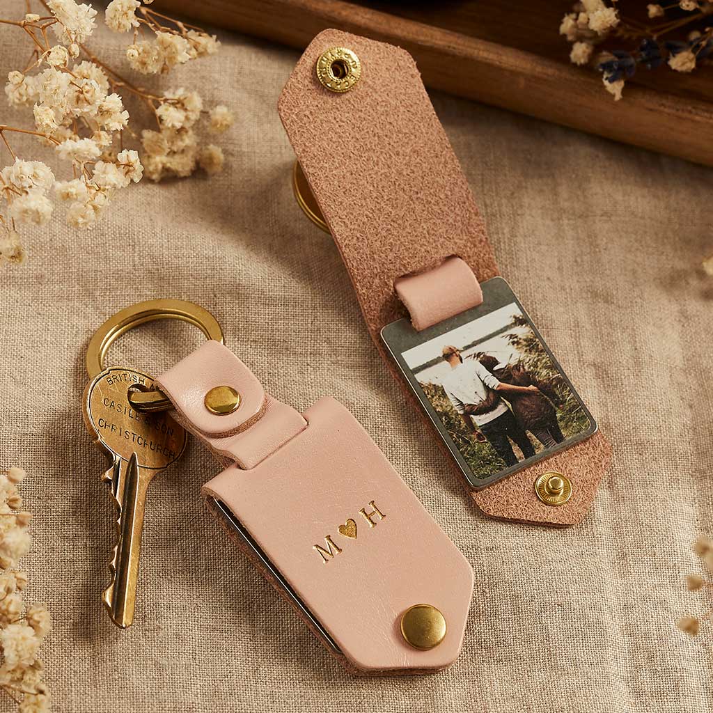 Personalised Metal Photo Keyring With Pink Leather Case Create Gift Love