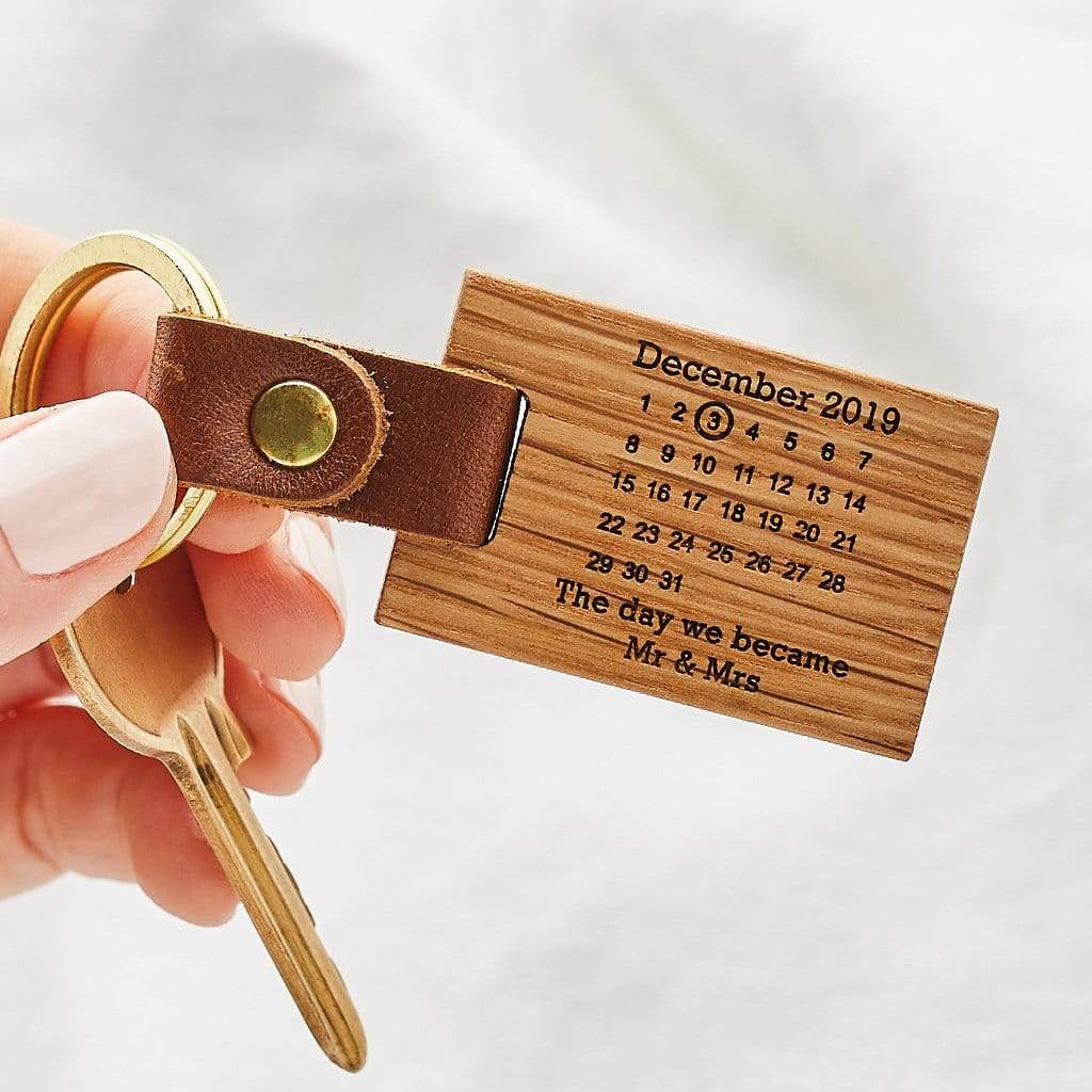 Wooden keyring engraved with calendar design and personalised messages