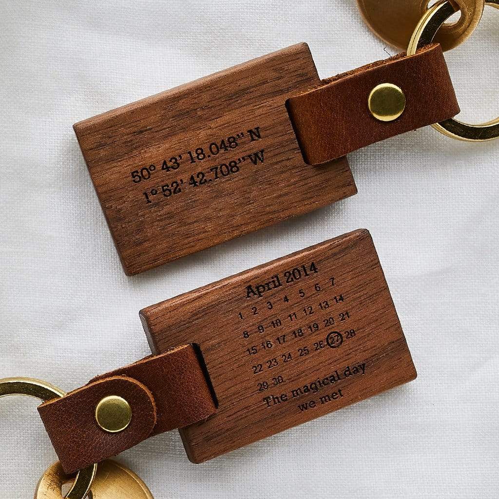 Wooden keyrings engraved with calendar design and personalised messages