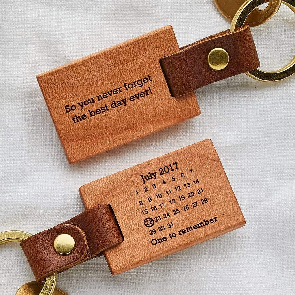 Wooden keyrings engraved with calendar design and personalised messages