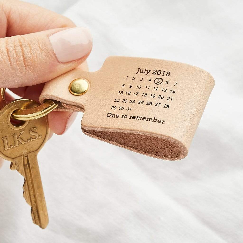 Leather keyring engraved with calendar design and personalised message