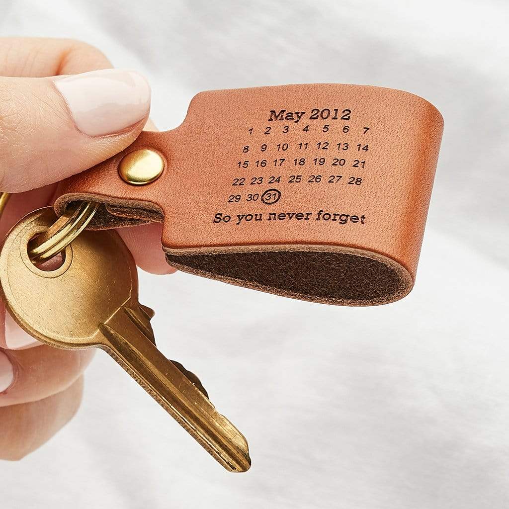 Leather keyring engraved with calendar design and personalised messages