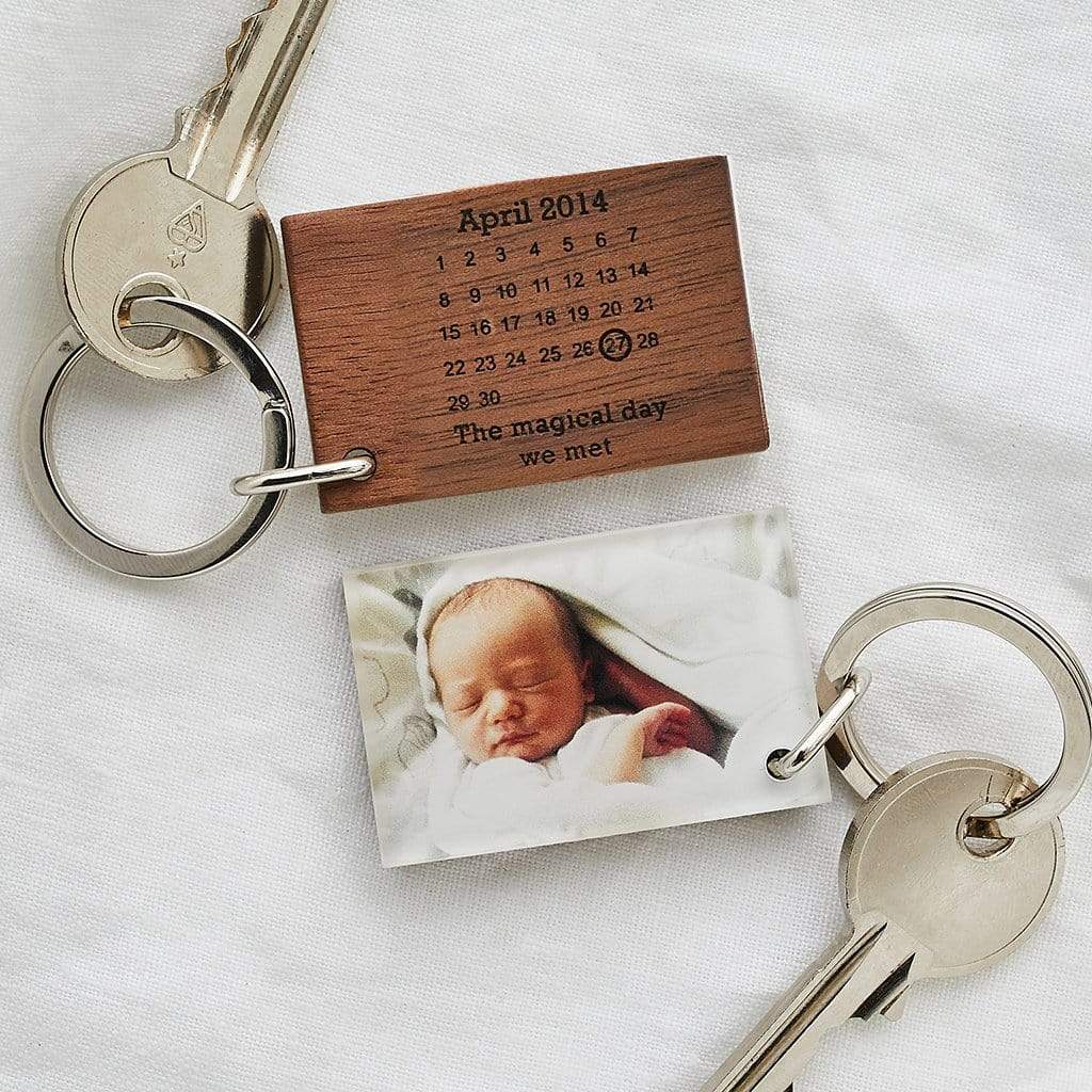 Wooden keyring printed with baby photo and engraved with calendar design