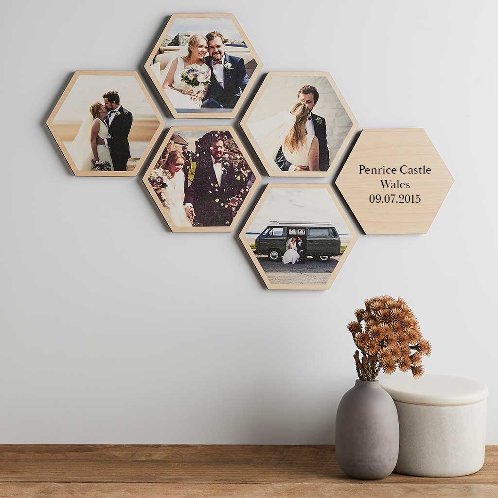 Set of hexagon wall tiles printed with wedding photos