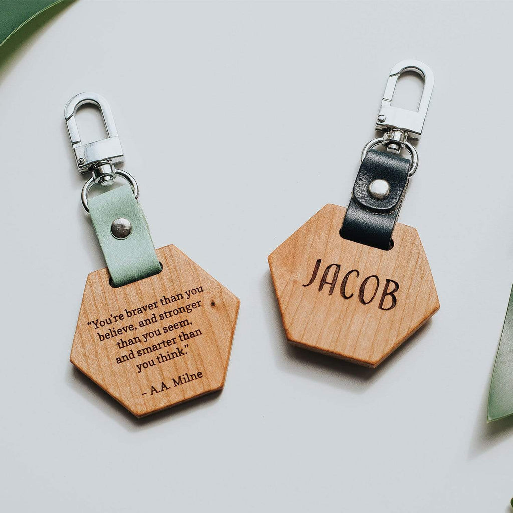 Wooden personalised school bag tags engraved 'Jacob' in hexagon shape