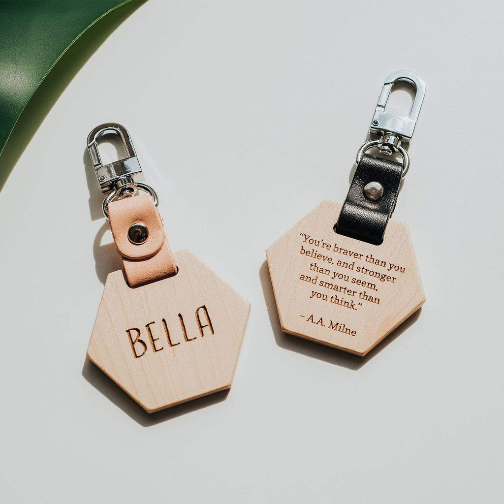 Wooden name tag for school bag, engraved 'Bella'