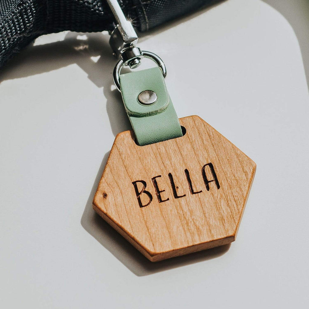 Wooden school bag name tag, engraved 'Bella'