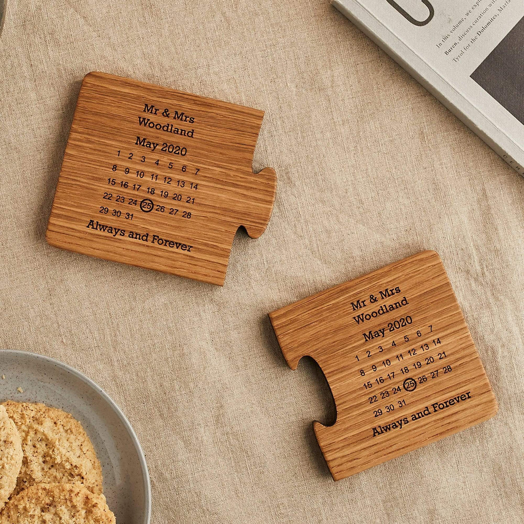 Wooden coaster set wedding gift with calendar design