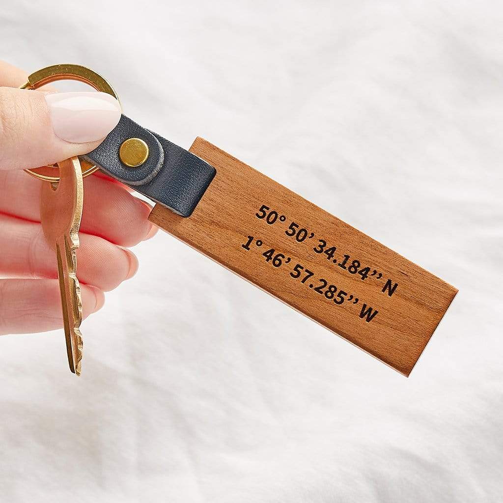 Wooden keyring engraved with coordinates