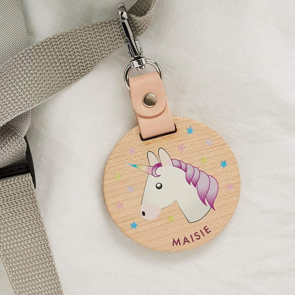 Wooden name tag for school bag printed with unicorn picture and name Maisie