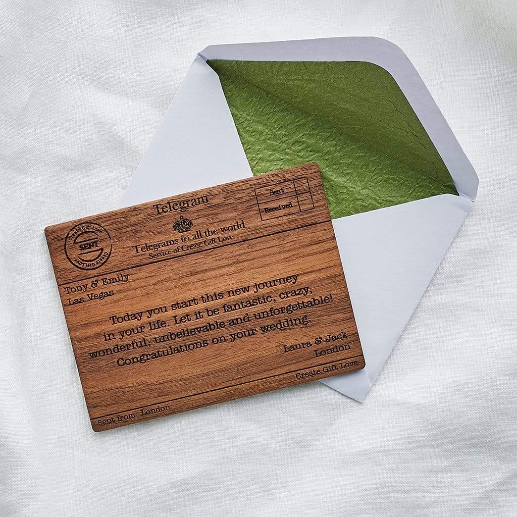 Wooden keepsake card engraved to look like a traditional telegram