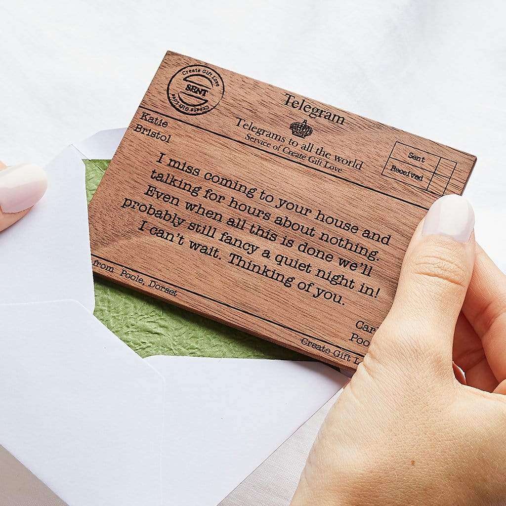 Wooden keepsake message card, designed like a traditional telegram