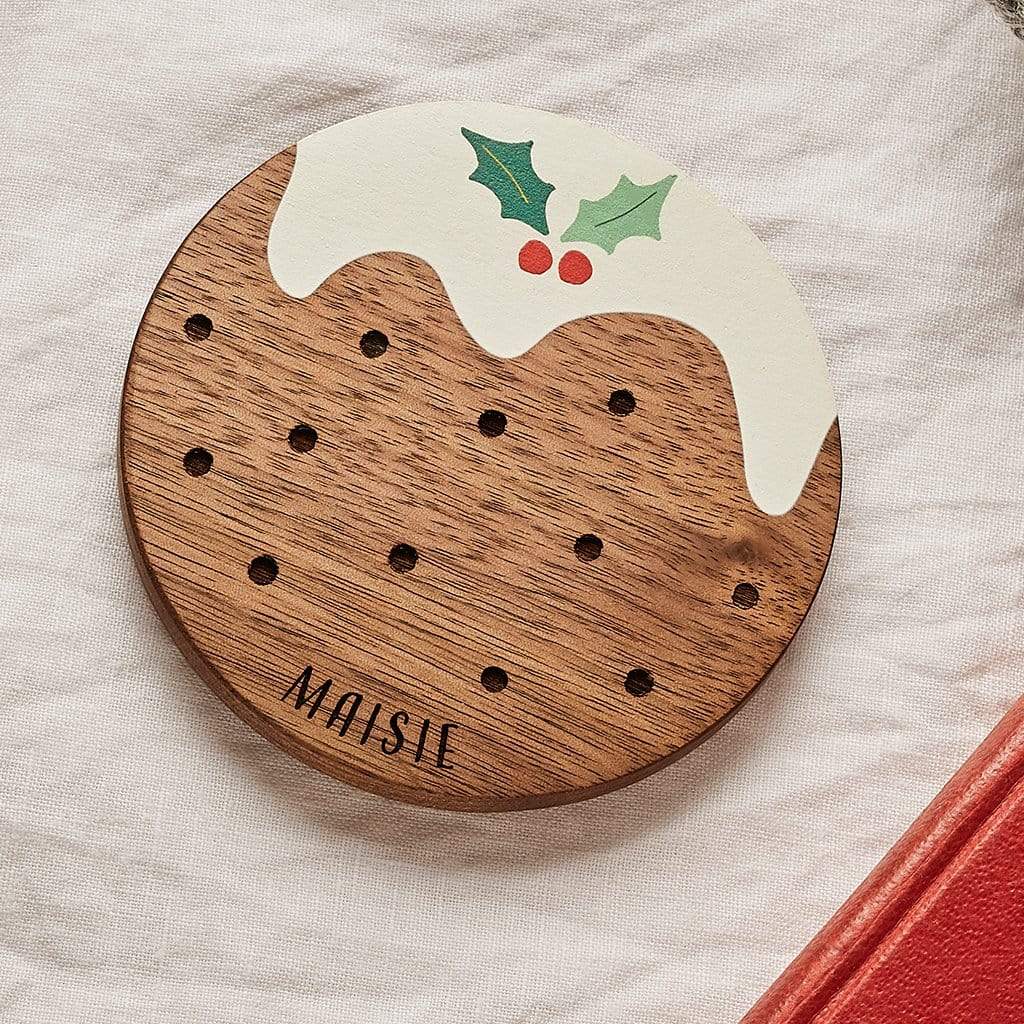 Personalised Wooden Christmas Pudding Coaster Set Create Gift Love