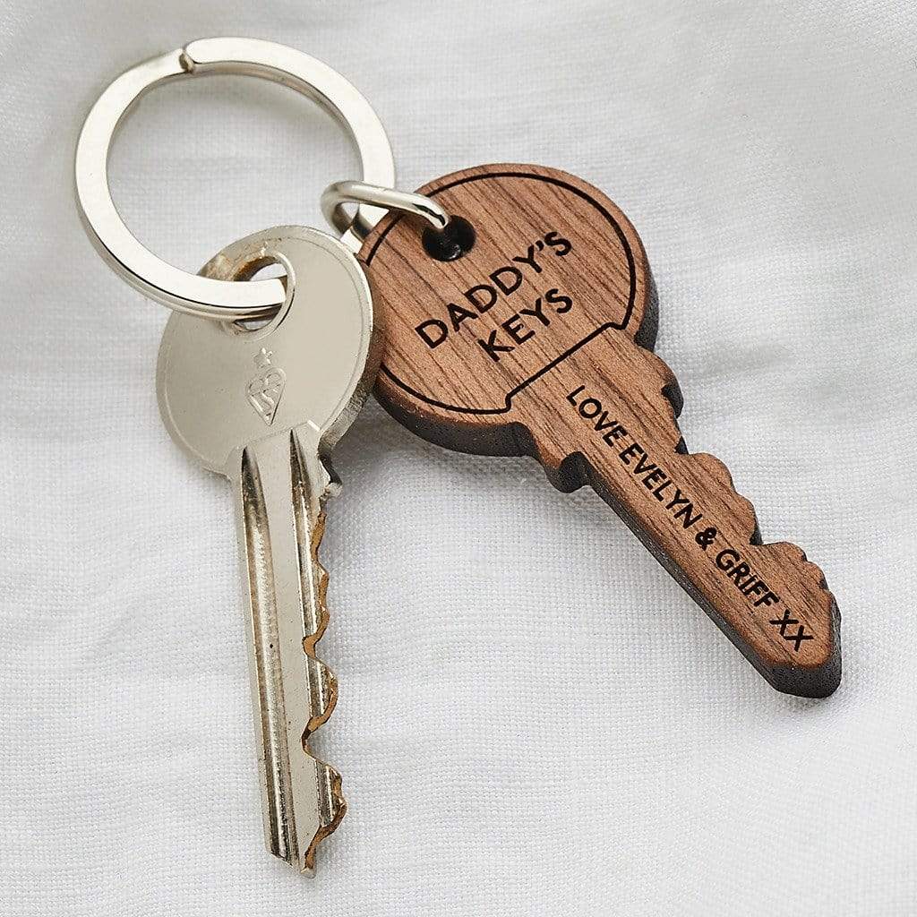 Wooden keyring in the shape of a key, engraved with personalised message