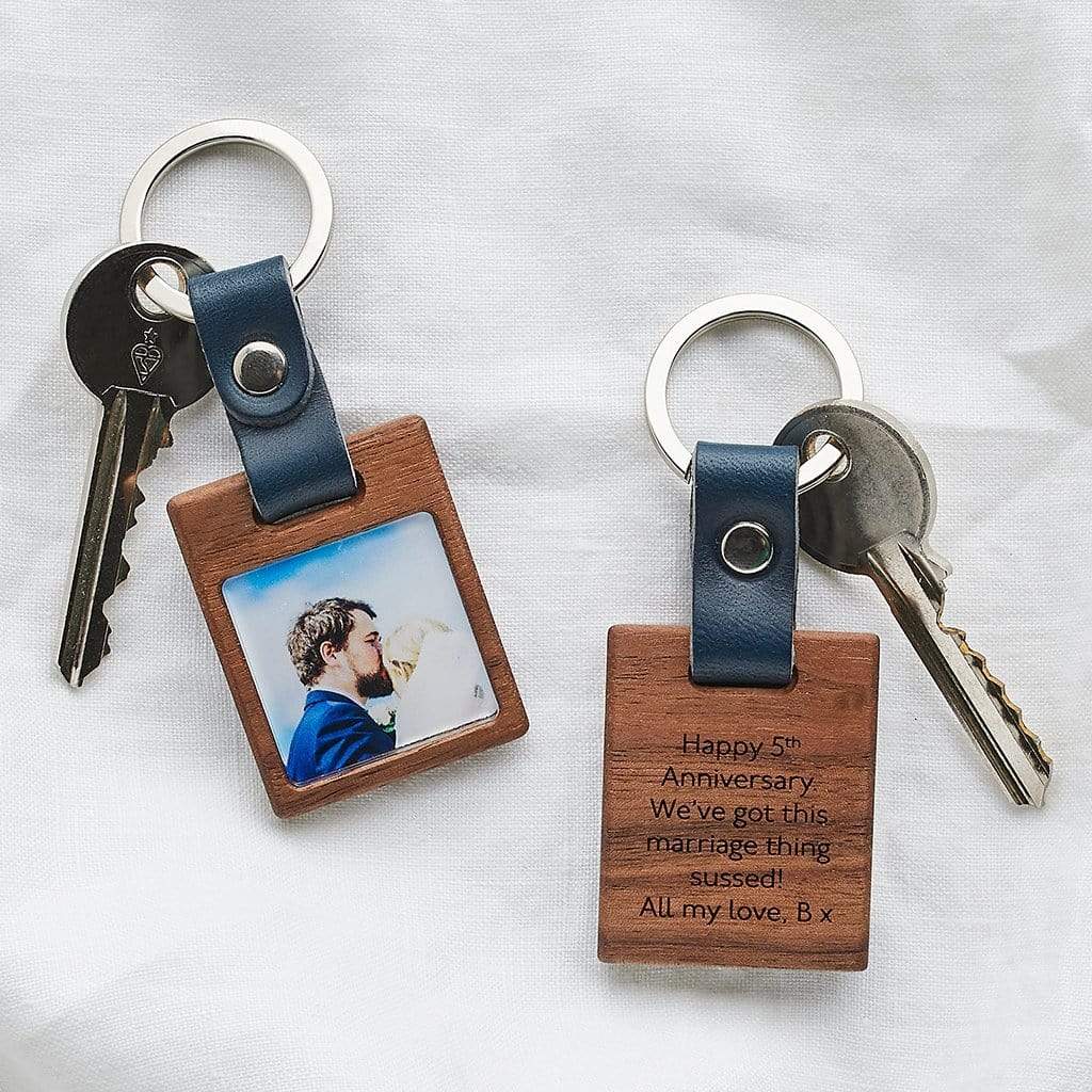 Personalised Wooden Photo Keyring With Leather Strap Create Gift Love