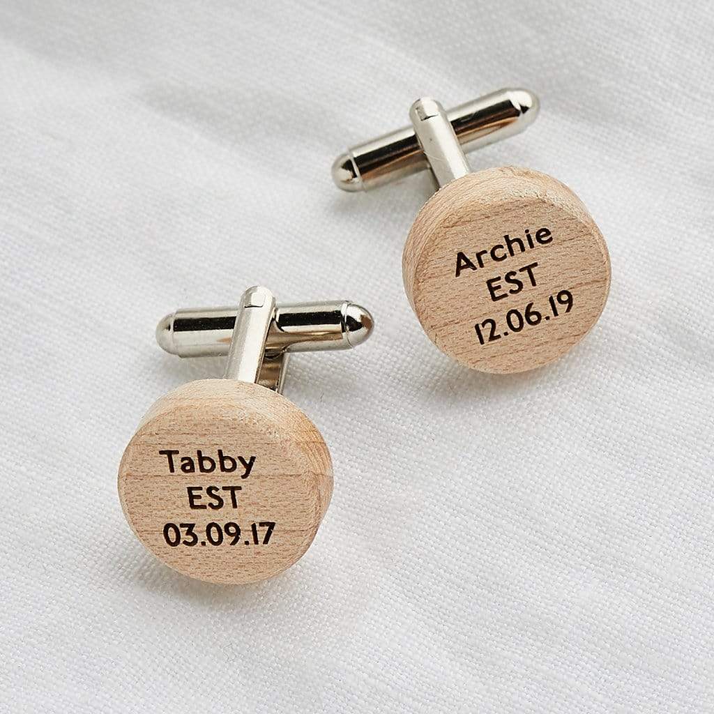 Wooden cufflinks engraved with names and dates