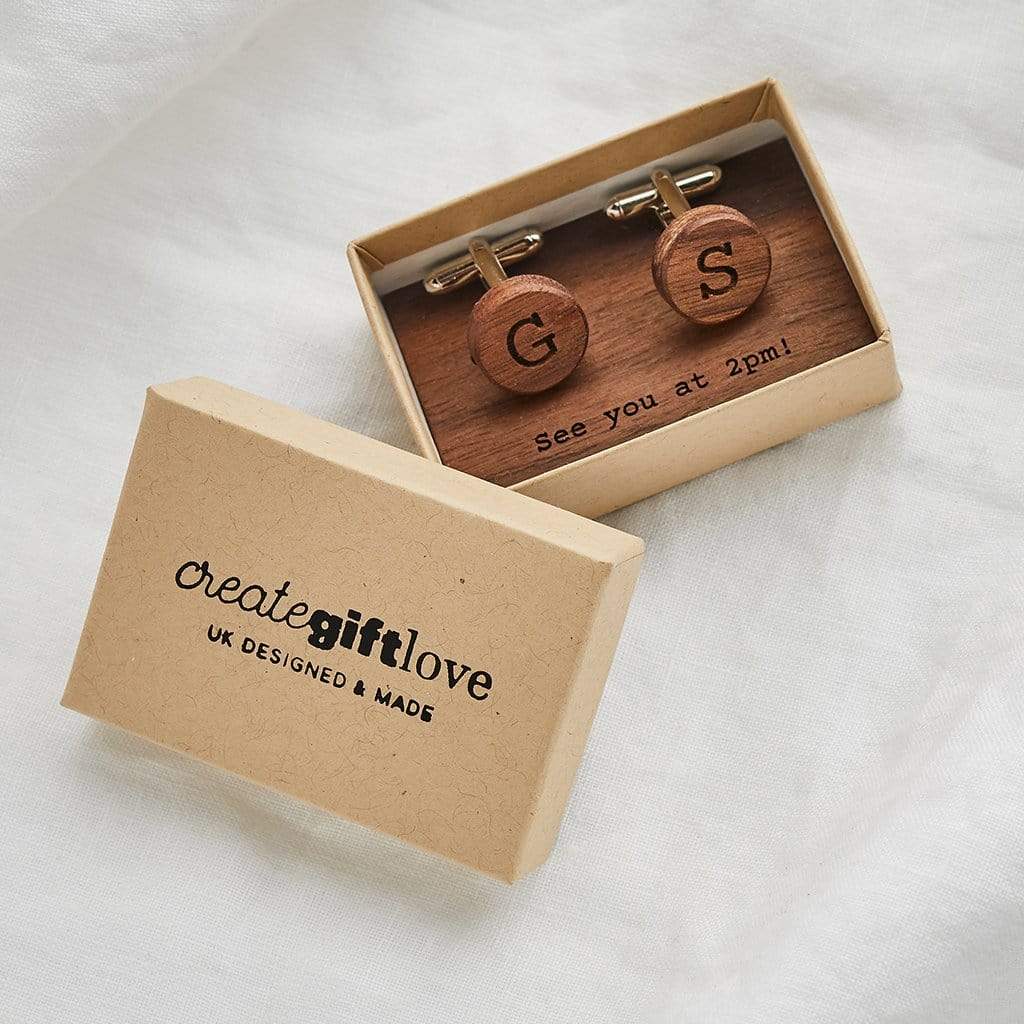 Wooden cufflinks in a personalised gift box