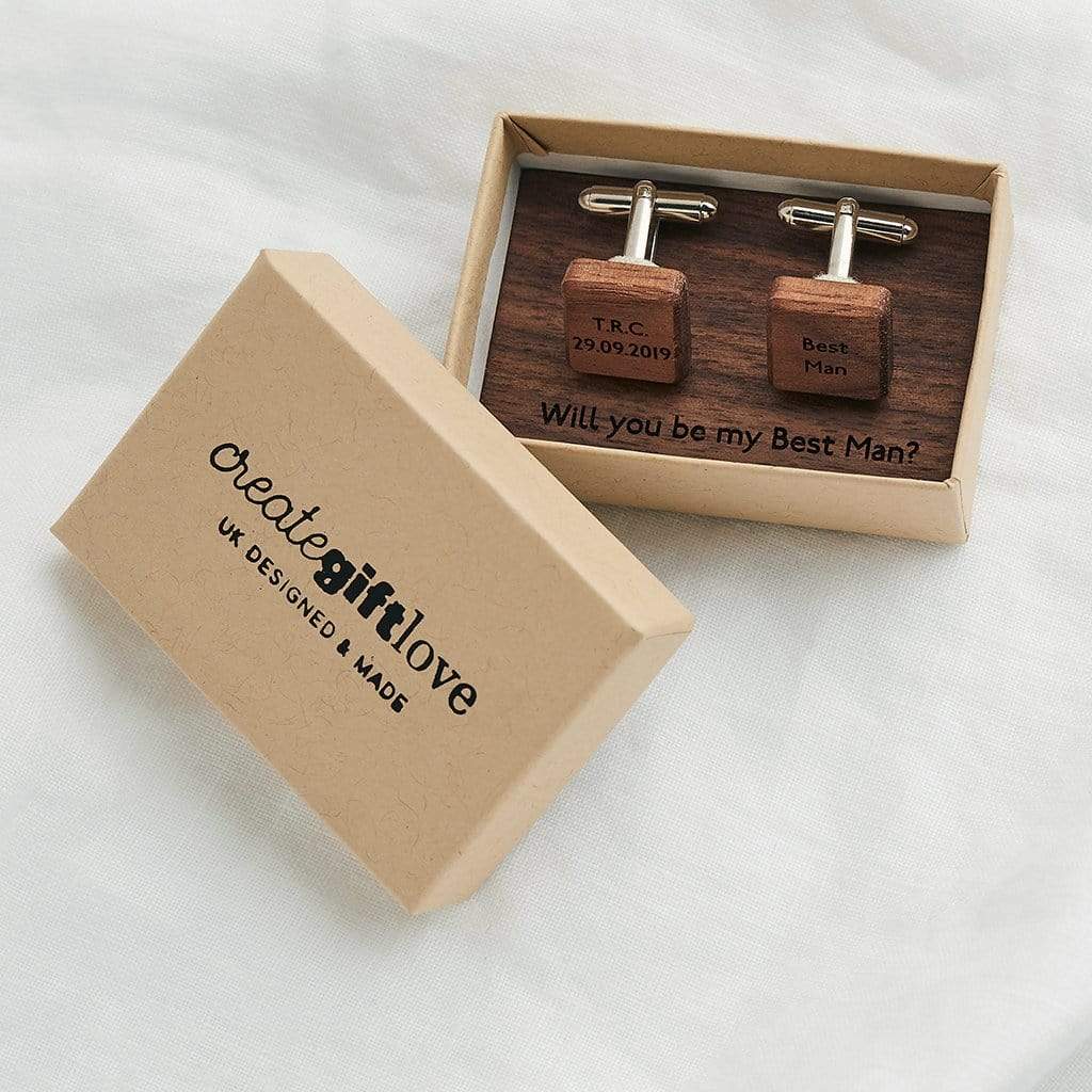 Pair of wooden cufflinks in a personalised gift box